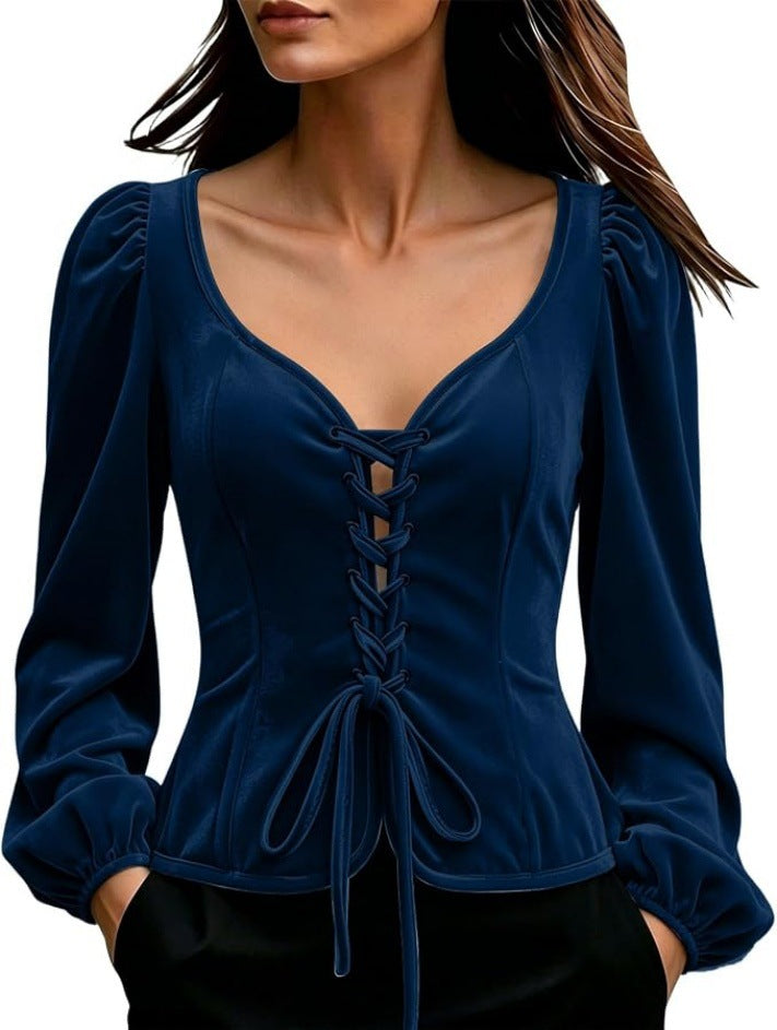 PUFF Lace-Up Velvet Blouse