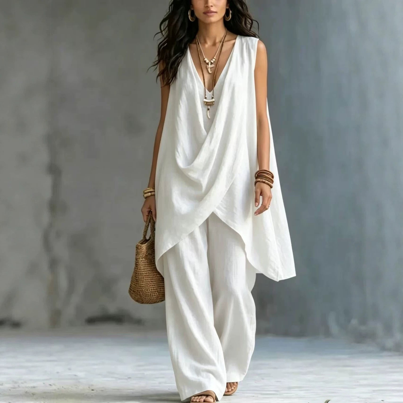 Women's Solid-Color Elegant Loose Cotton-Linen Resort-Style Set