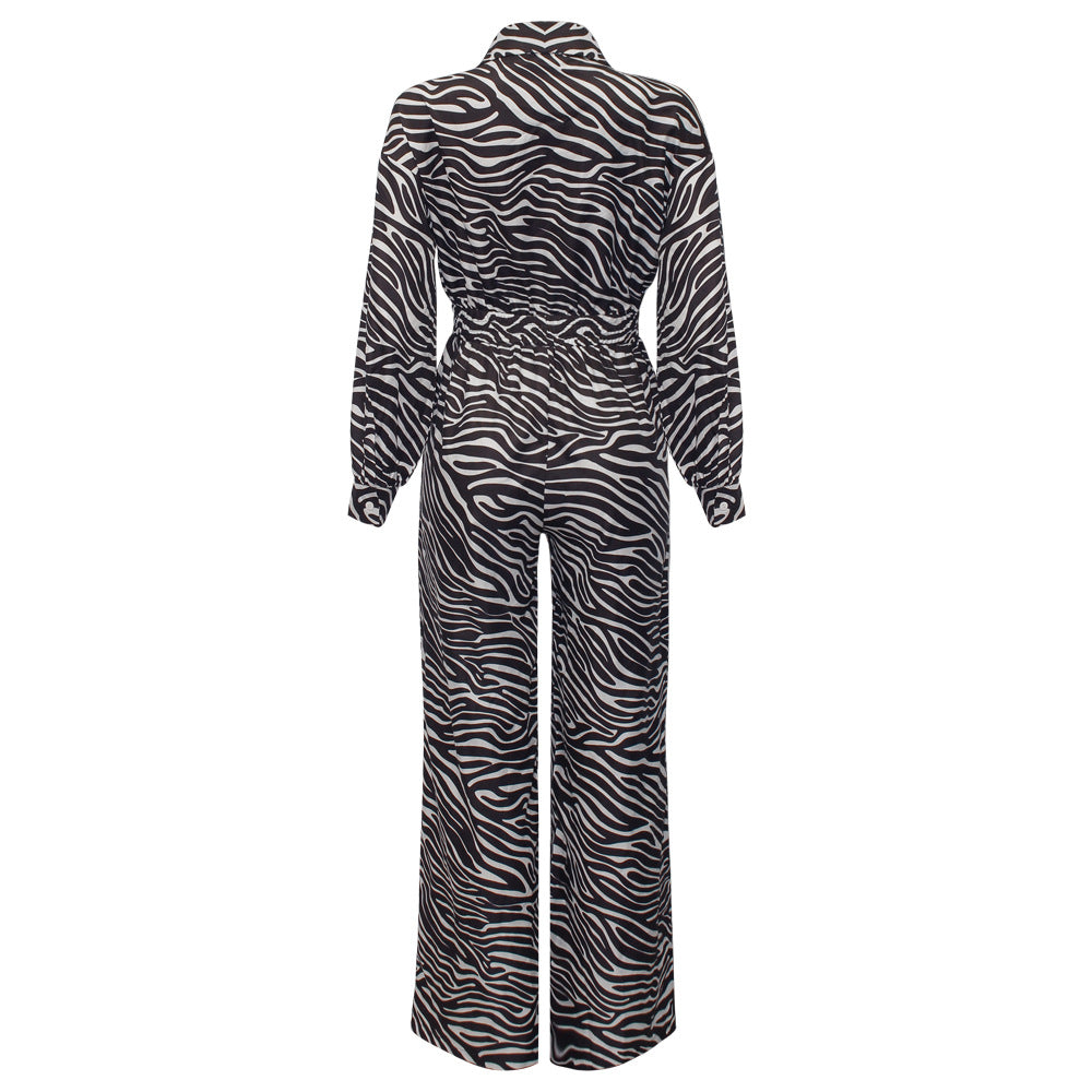 PRINT Lapel High-Waist Jumpsuit
