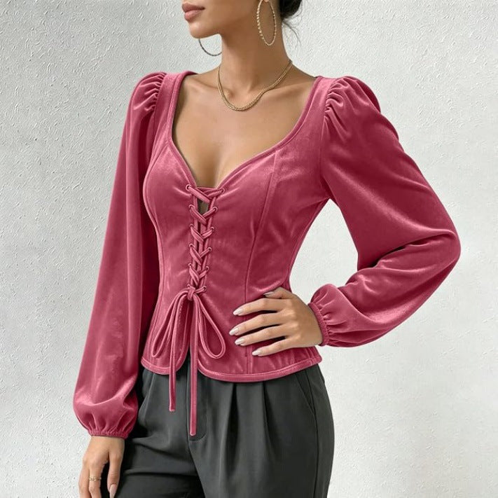 PUFF Lace-Up Velvet Blouse