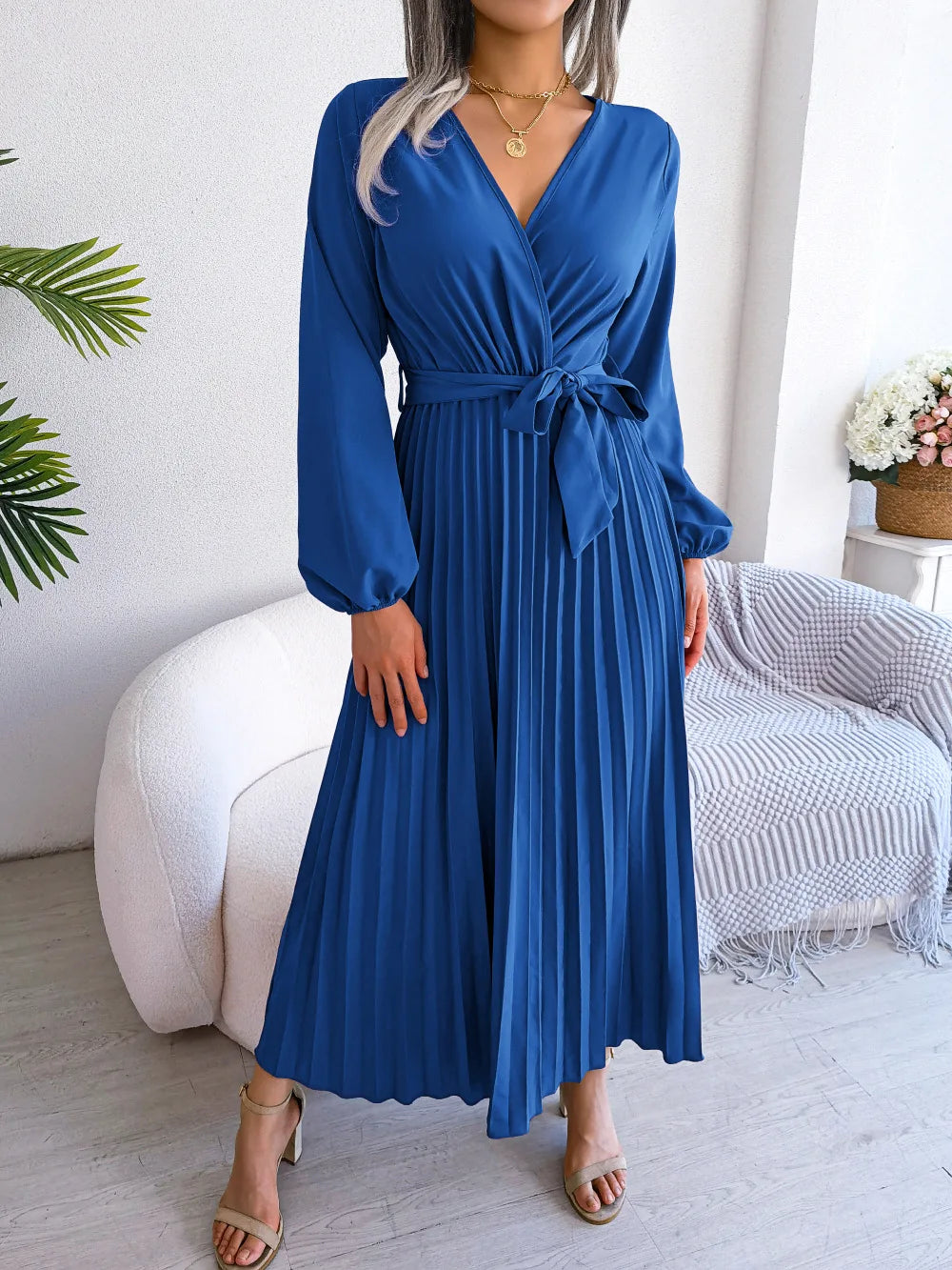 ELARA V-Neck Pleated Maxi Dress