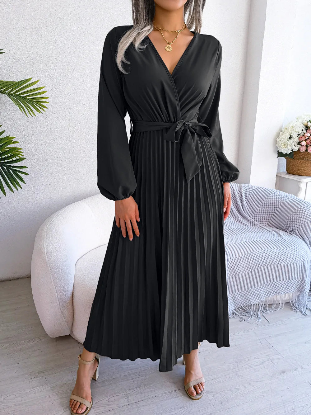 ELARA V-Neck Pleated Maxi Dress