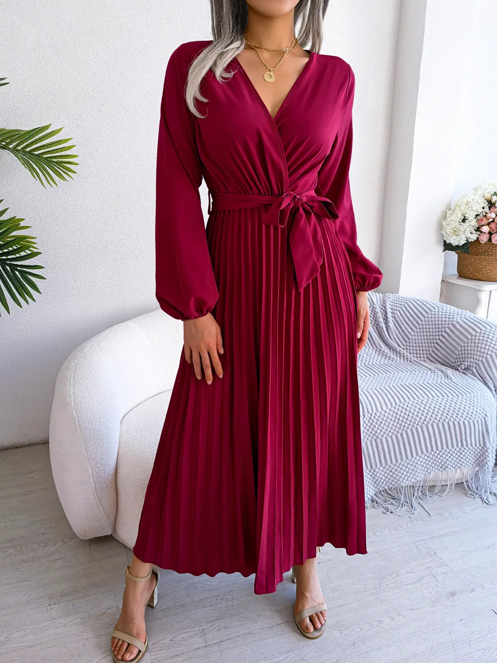 ELARA V-Neck Pleated Maxi Dress