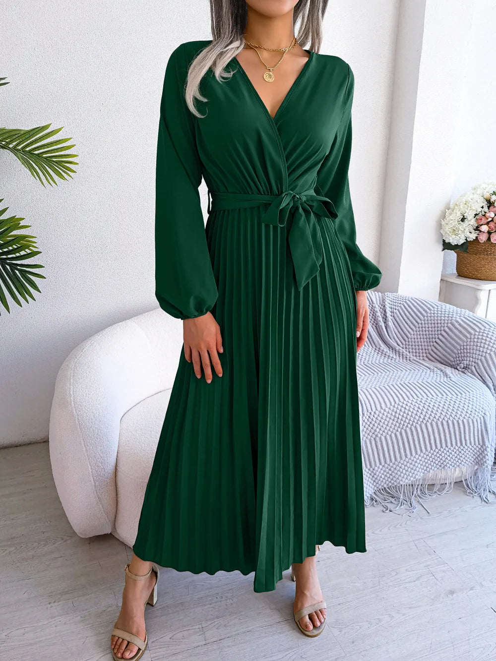 ELARA V-Neck Pleated Maxi Dress