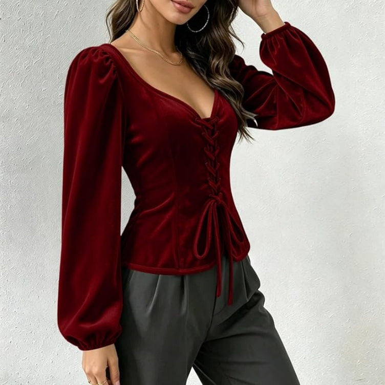 PUFF Lace-Up Velvet Blouse