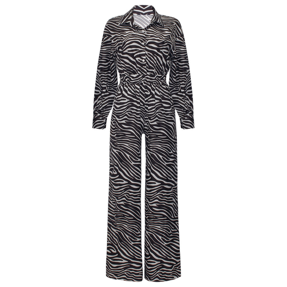 PRINT Lapel High-Waist Jumpsuit